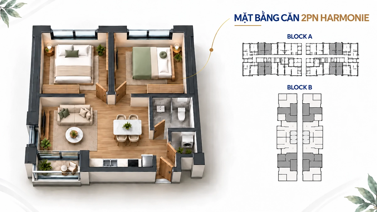 Mặt bằng căn 2PN Harmonie Tropic Tower Mặt bằng căn hộ 2 phòng ngủ Harmonie Tropic Tower và vị trí căn tại Block A, Block B