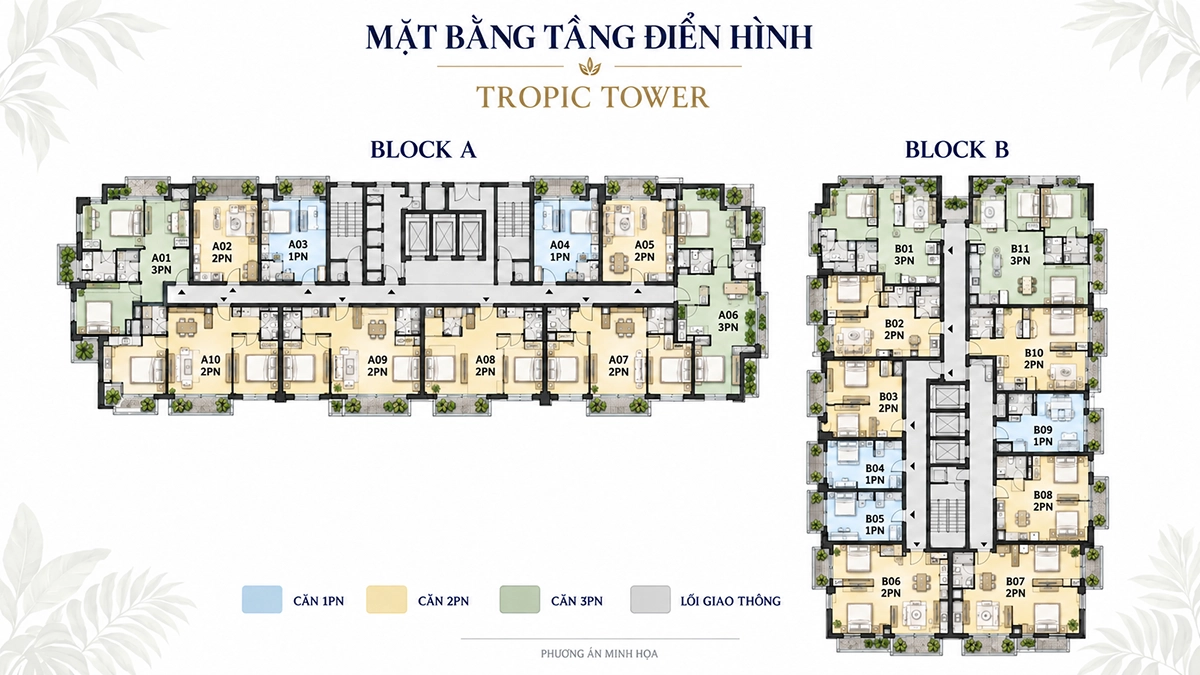 Mặt bằng tầng điển hình Tropic Tower tầng 3 - 14 Mặt bằng tầng điển hình Tropic Tower tầng 3 - 14 gồm Block A và Block B