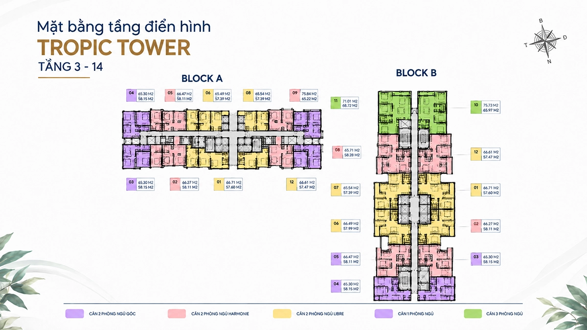 Mặt bằng tầng điển hình Tropic Tower tầng 3 - 14 Mặt bằng tầng điển hình Tropic Tower tầng 3 - 14 gồm Block A và Block B